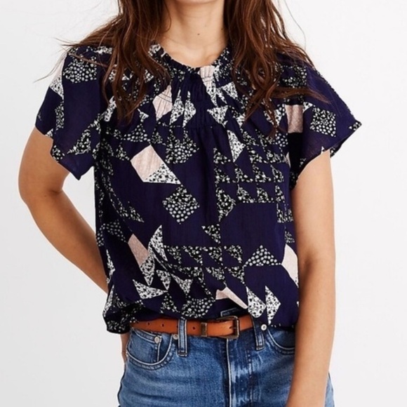 Madewell blouse smocked mock neck XS patchwork boho casual‎ Navy Geometric Top - Picture 1 of 10